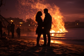 夜晚海边熊熊烈火情侣剪影摄影图片